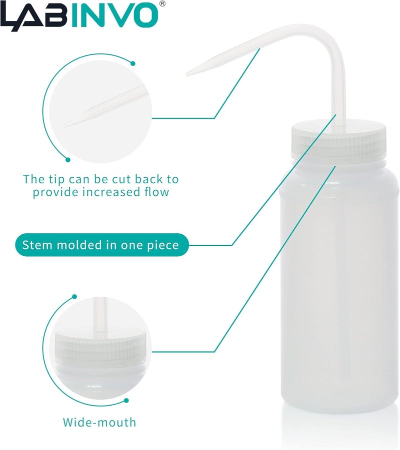 LINVO 6pcs of Economy Wash Bottles, Vol.500ml (17oz), Wide-Mouth, Self-Venting Safety Wash Bottles, LDPE Material, IN-WBW500 - Image 3